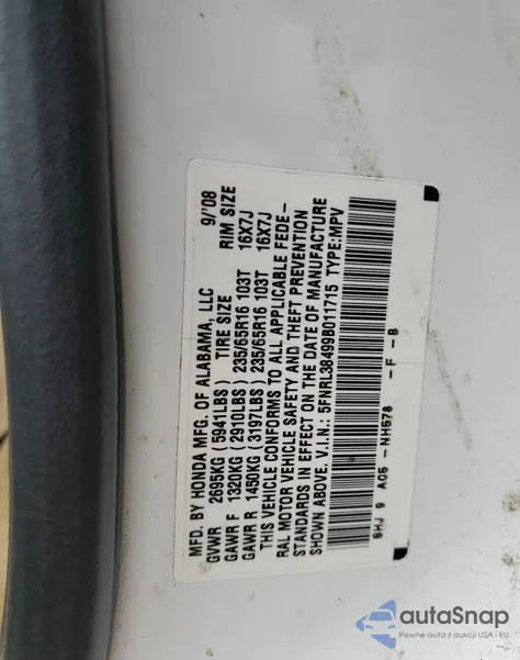 2009 Honda Odyssey Ex from USA, damaged, VIN 5FNRL38499B011715